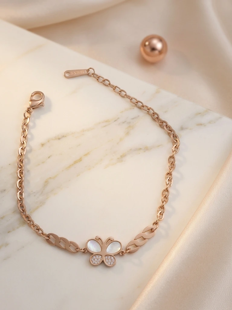 QDORA Rose Gold Butterfly White Stone Link Bracelet image 3