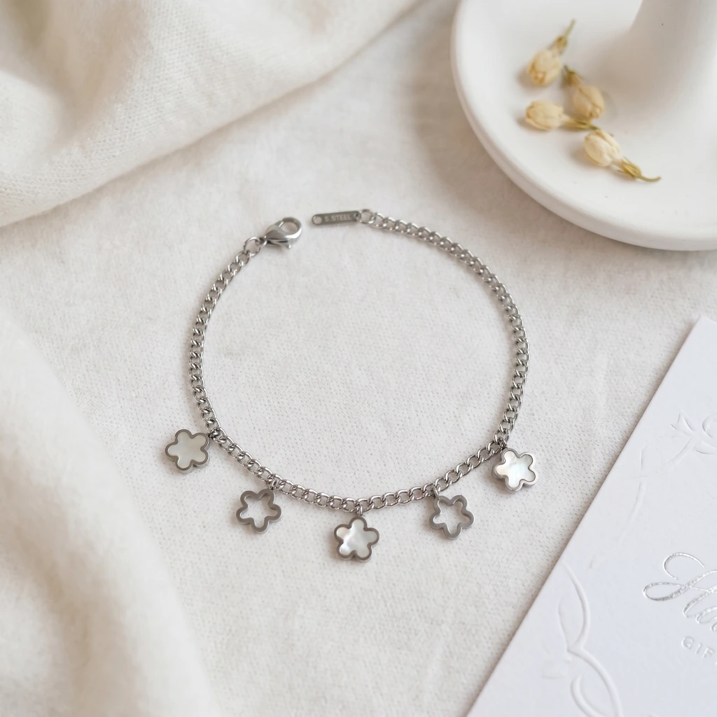 QDORA Silver Flower Pearlescent Charm Chain Bracelet image 3