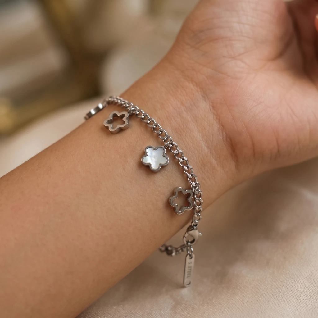QDORA Silver Flower Pearlescent Charm Chain Bracelet image 1