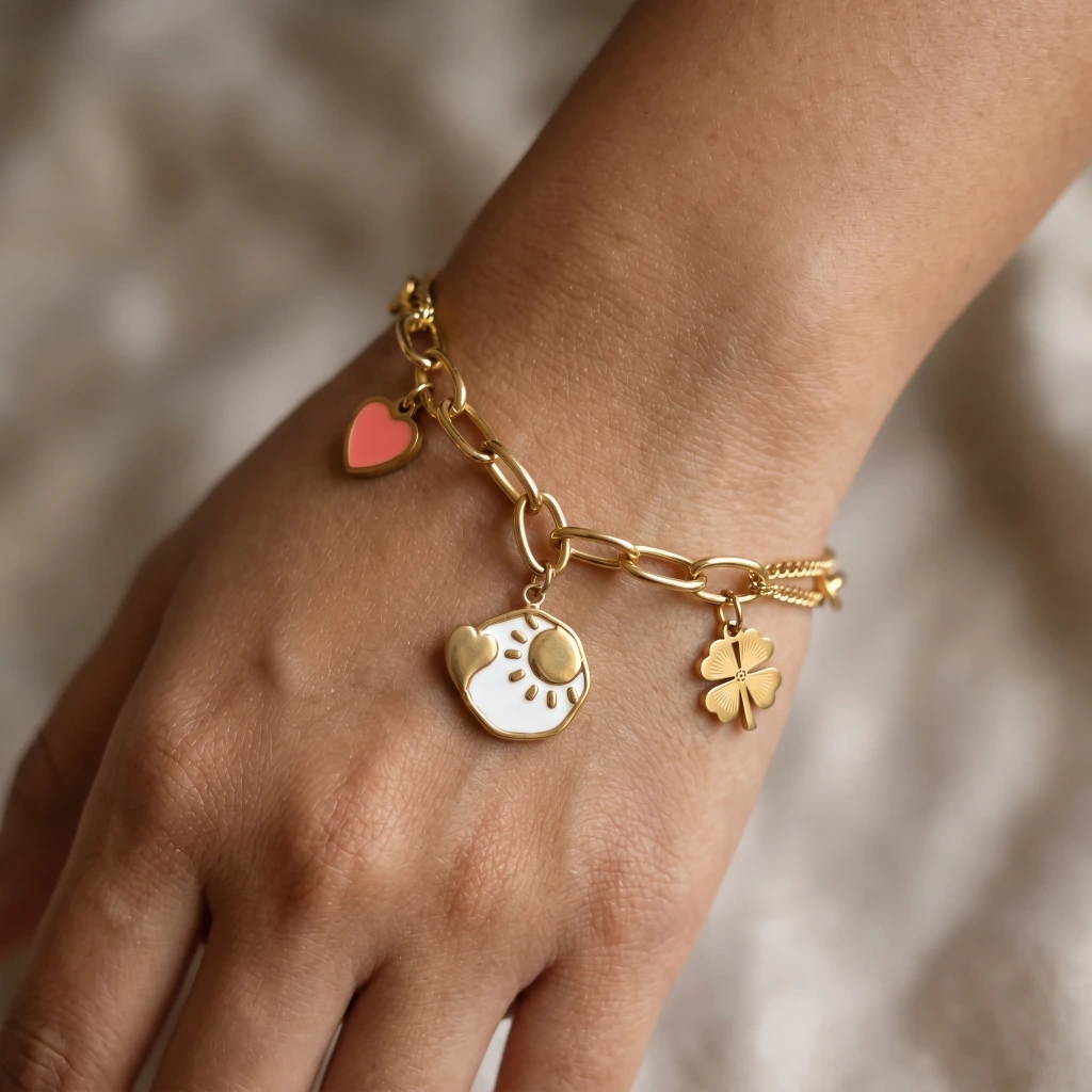 QDORA Gold Heart Sun Clover Charm Chain Bracelet