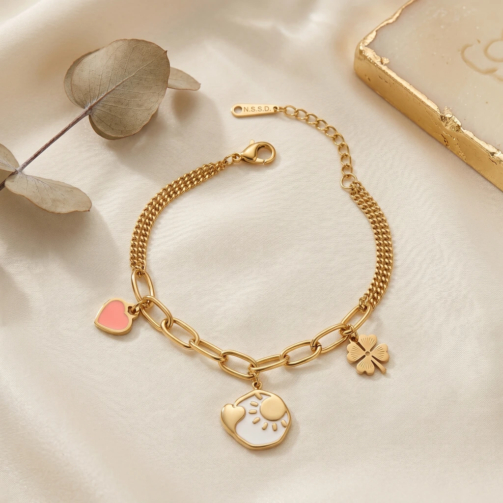 QDORA Gold Heart Sun Clover Charm Chain Bracelet image 3