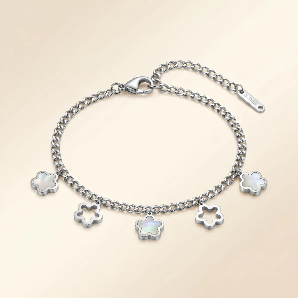 QDORA Silver Flower Pearlescent Charm Chain Bracelet image 2