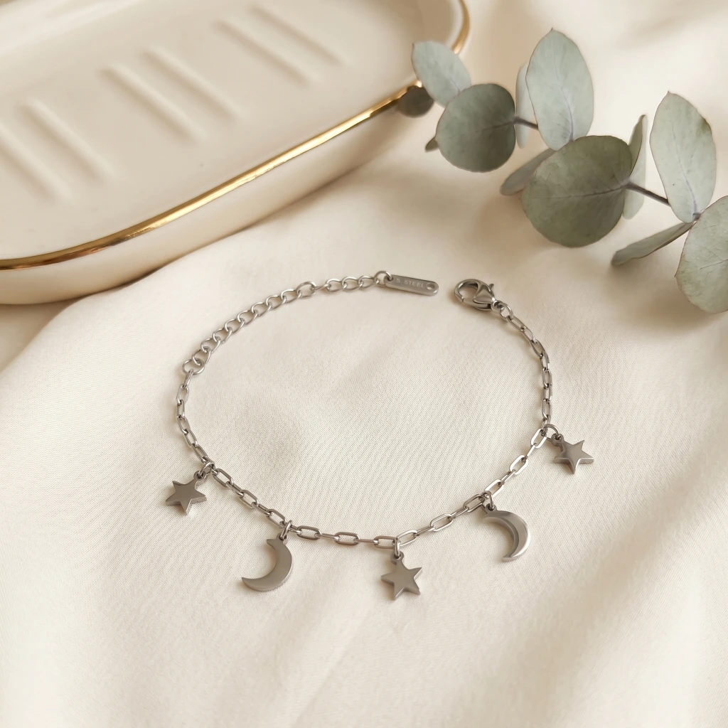 QDORA Silver Star and Moon Charm Chain Bracelet image 2