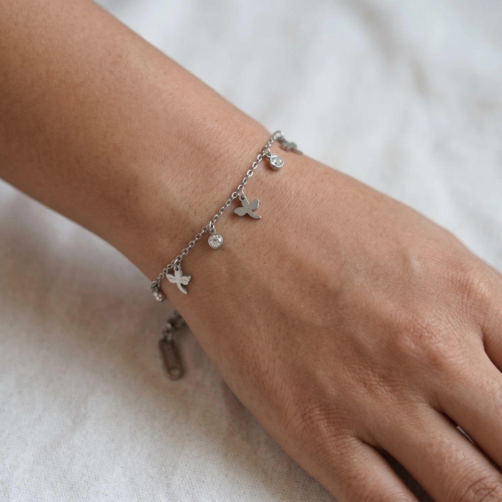 QDORA Silver Dragonfly Crystal Charm Chain Bracelet image 2