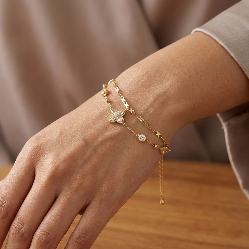 QDORA Gold White Stone Clover Double Layer Bracelet image 3