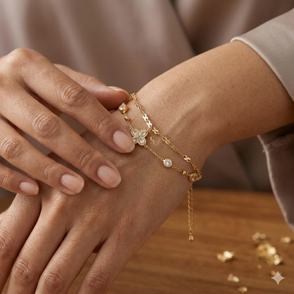 QDORA Gold White Stone Clover Double Layer Bracelet image 2