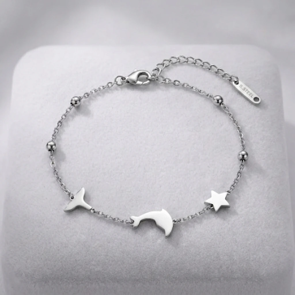 QDORA Silver Dolphin Star Charm Chain Bracelet image 2