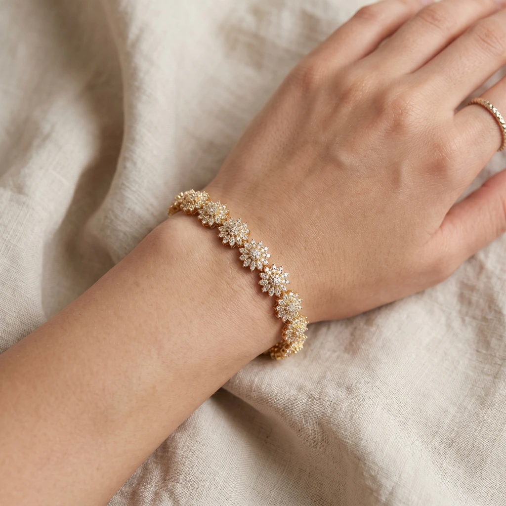 QDORA Gold White Crystal Floral Link Bracelet image 2
