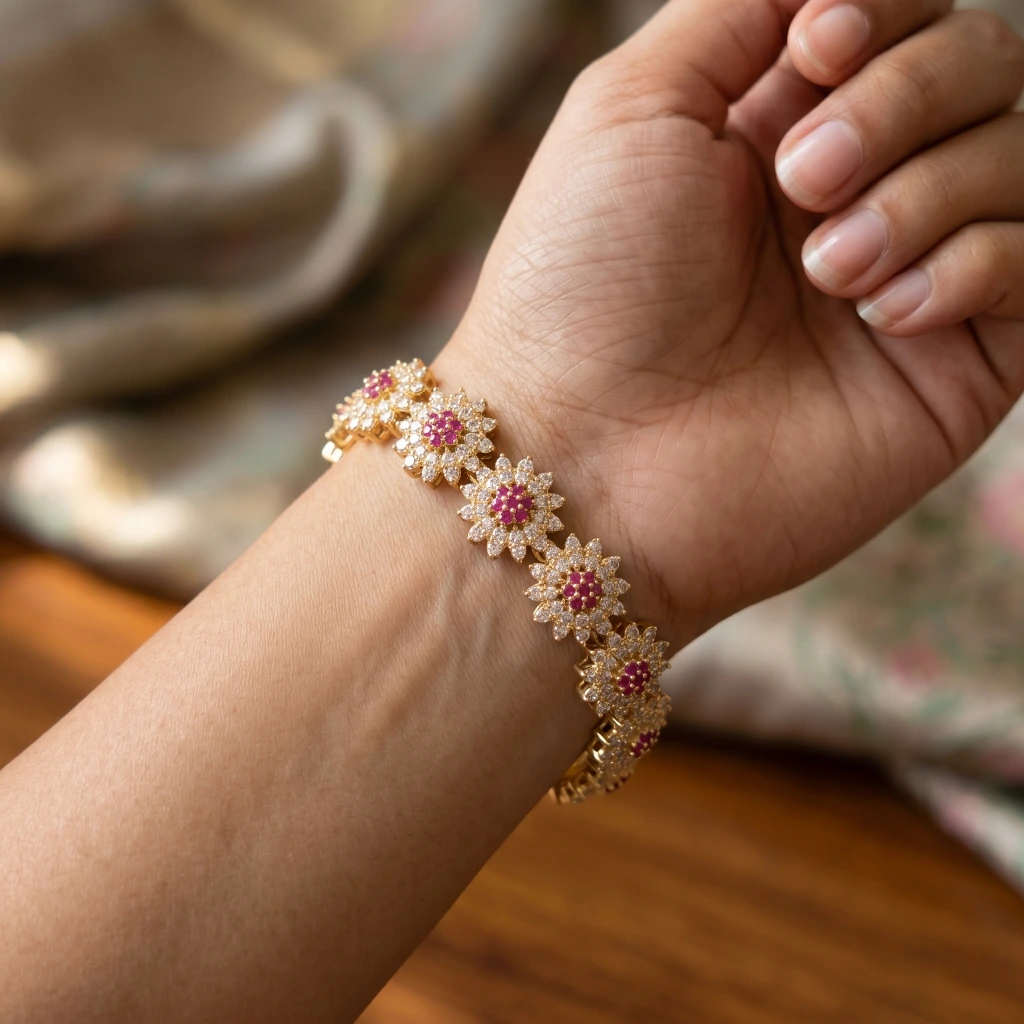QDORA Gold Pink and White Floral Crystal Link Bracelet image 2