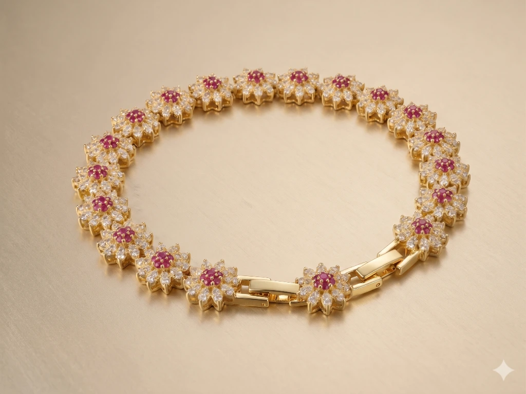 QDORA Gold Pink and White Floral Crystal Link Bracelet