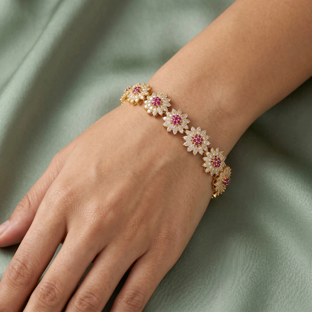QDORA Gold Pink and White Floral Crystal Link Bracelet image 3