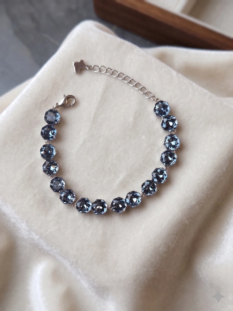 QDORA Silver Slate Blue Hexagon Link Bracelet image 1