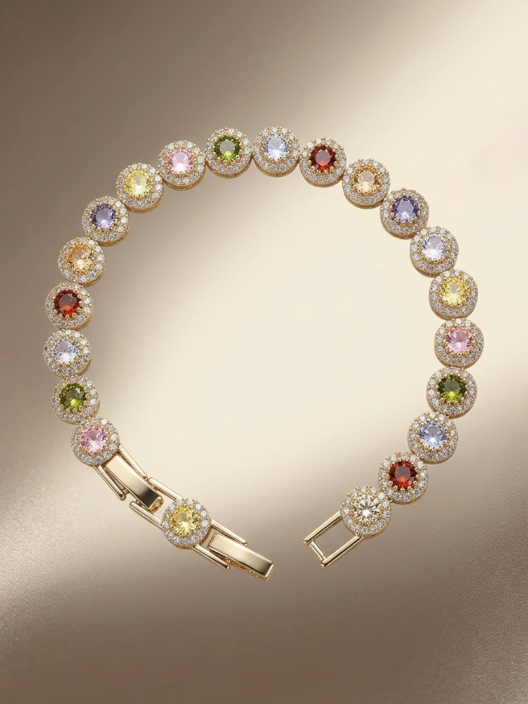 QDORA Gold Multicolor Crystal Halo Link Bracelet