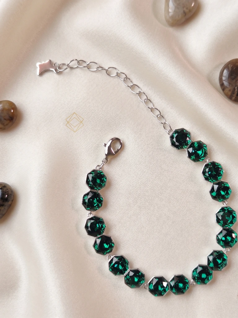 QDORA Silver Green Hexagon Crystal Link Bracelet image 1