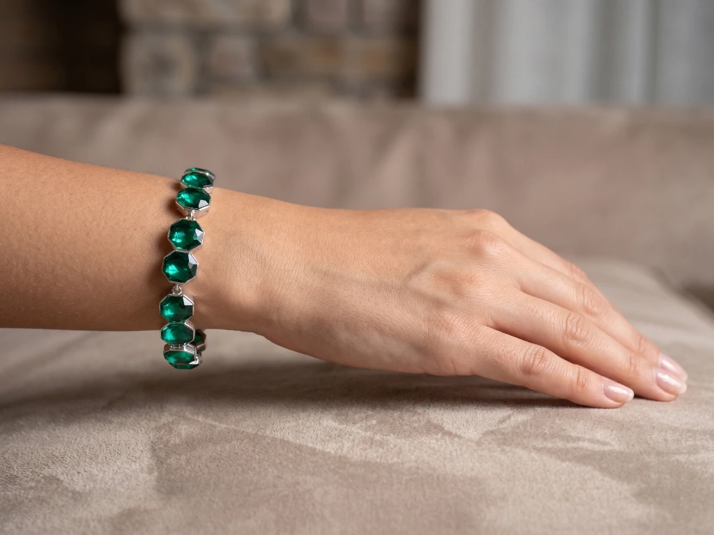 QDORA Silver Green Hexagon Crystal Link Bracelet image 2