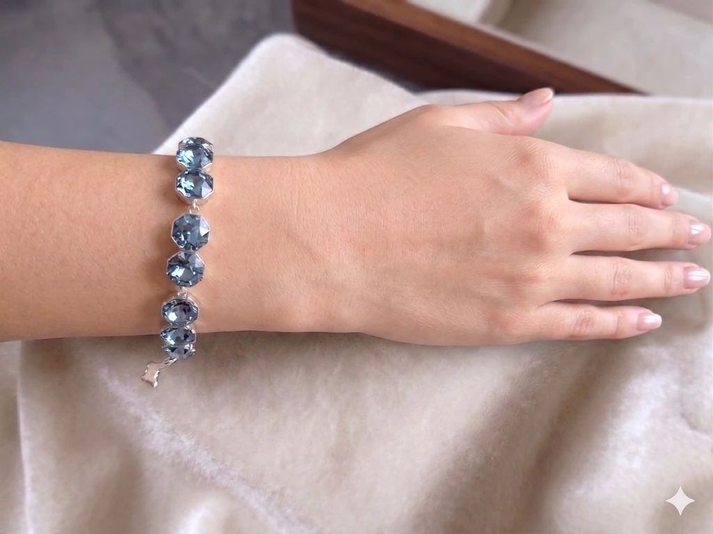 QDORA Silver Slate Blue Hexagon Link Bracelet image 3