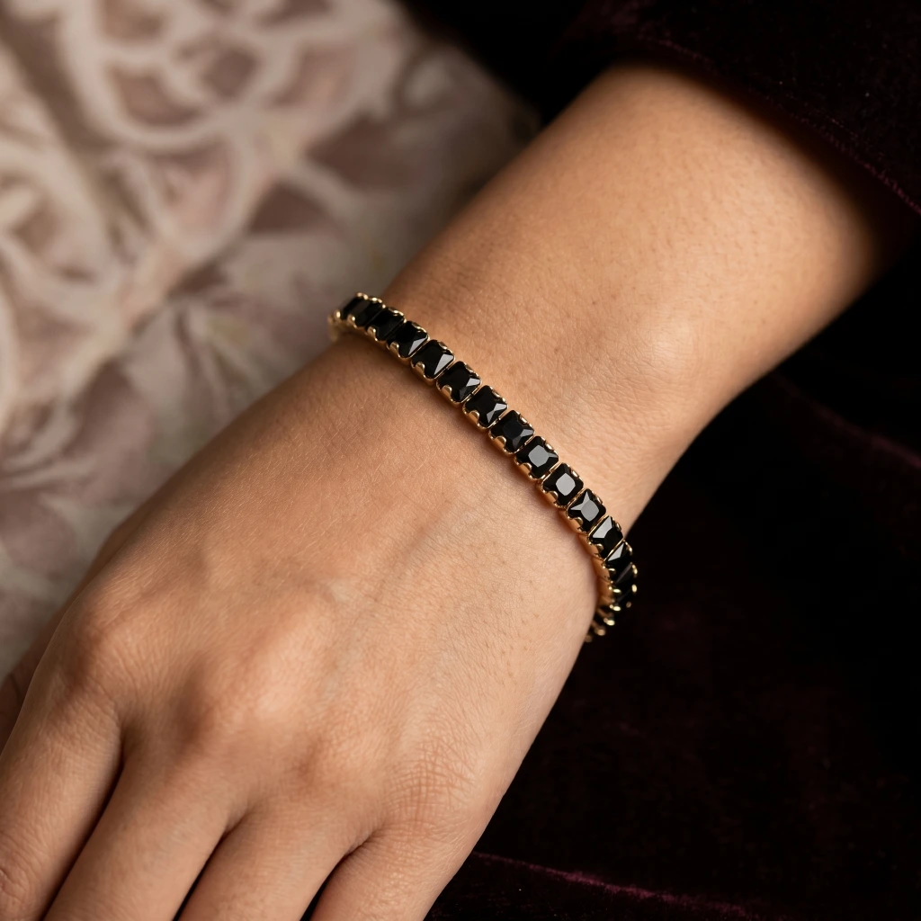 QDORA Gold Black Rectangular Stone Tennis Bracelet