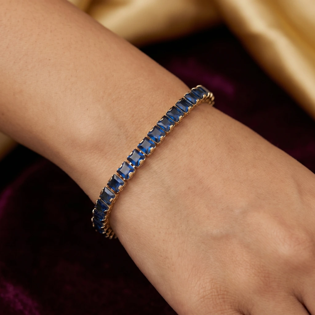 QDORA Gold Blue Rectangular Stone Tennis Bracelet