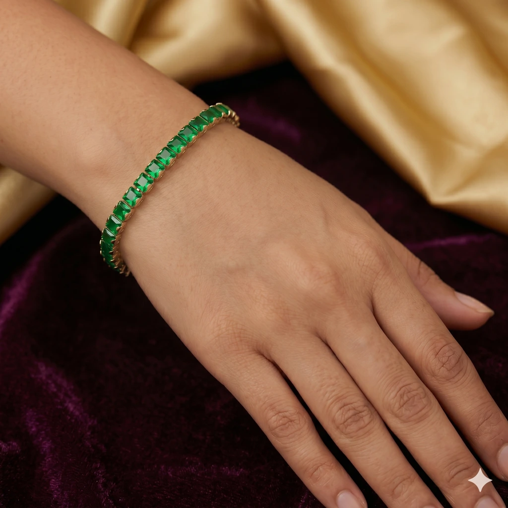 QDORA Gold Emerald Green Square Tennis Bracelet