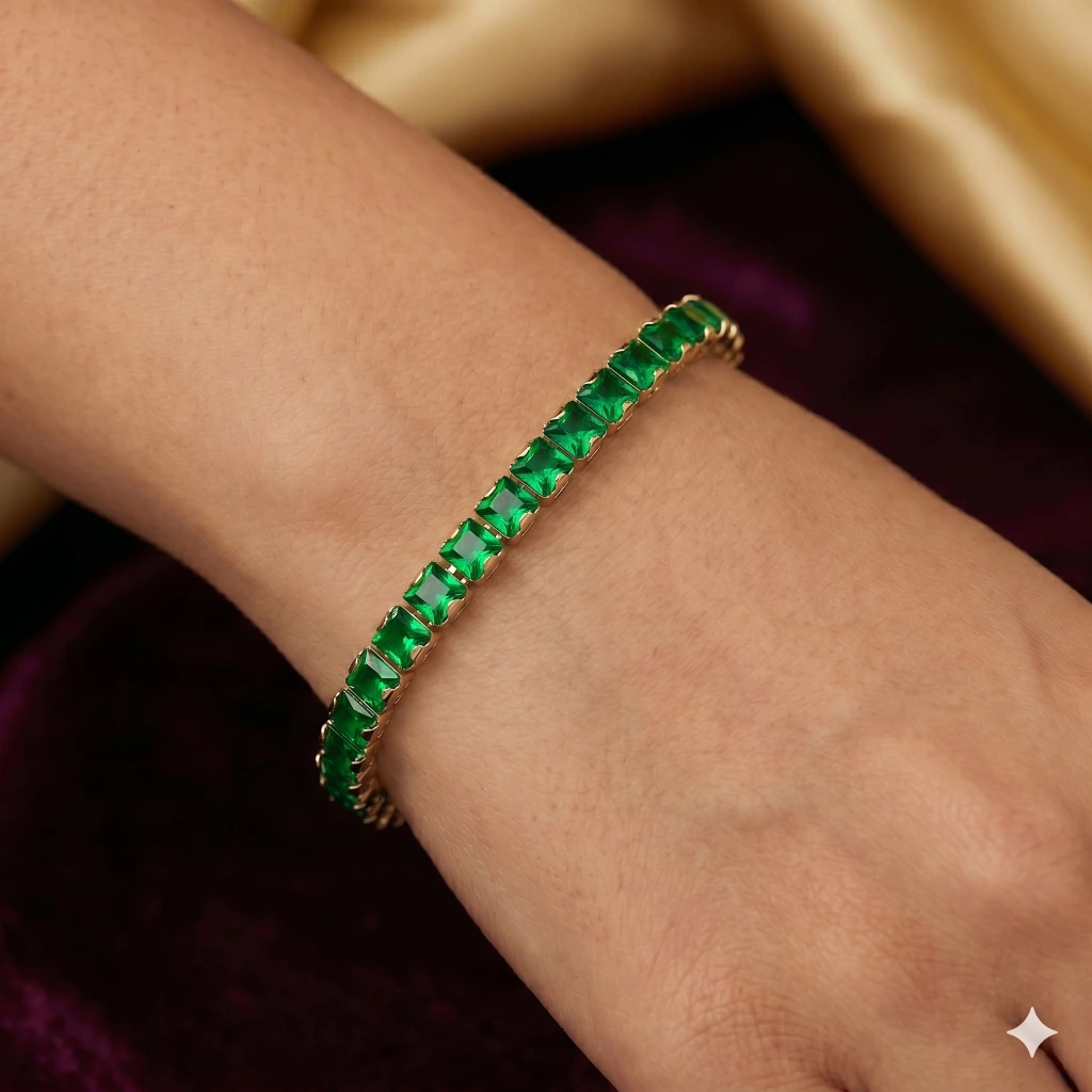 QDORA Gold Emerald Green Square Tennis Bracelet image 2