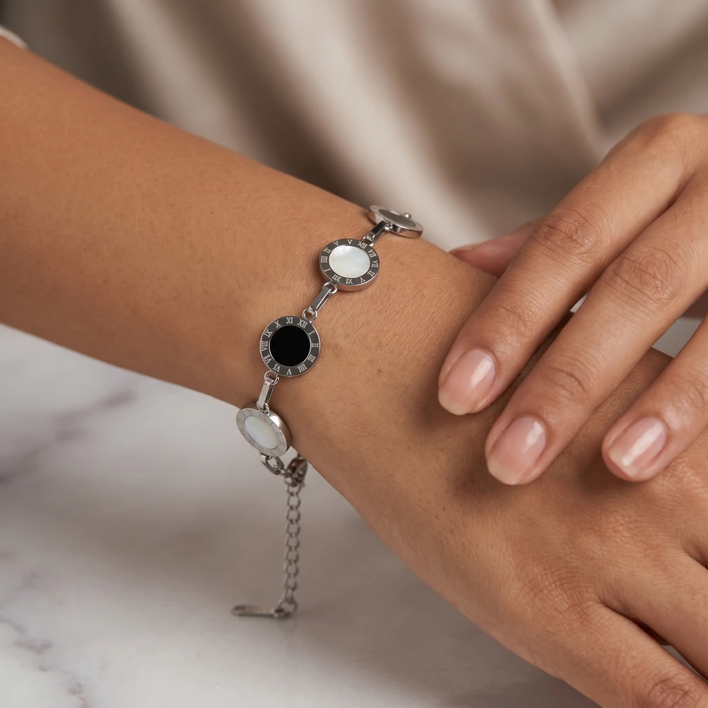 QDORA Silver Roman Numeral Black White Link Bracelet image 2