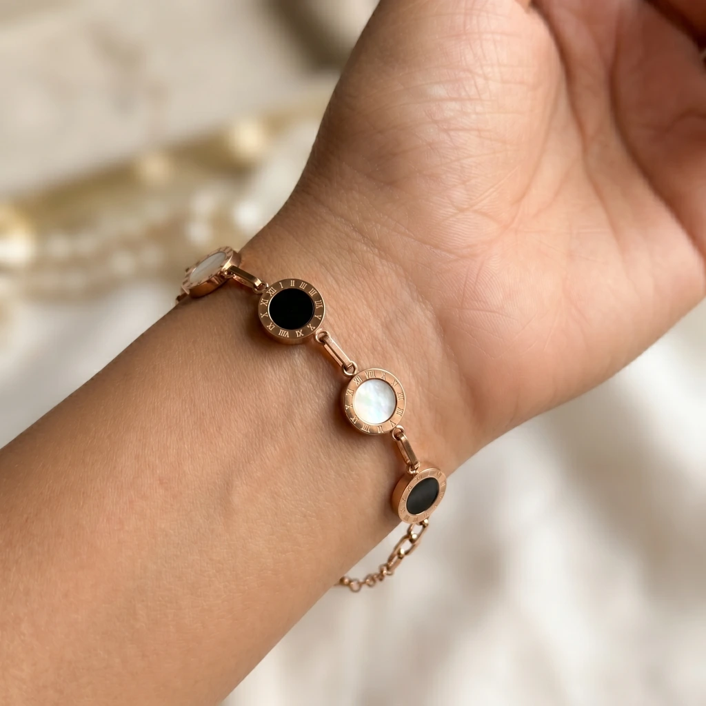 QDORA Rose Gold Roman Numeral Black White Link Bracelet image 3