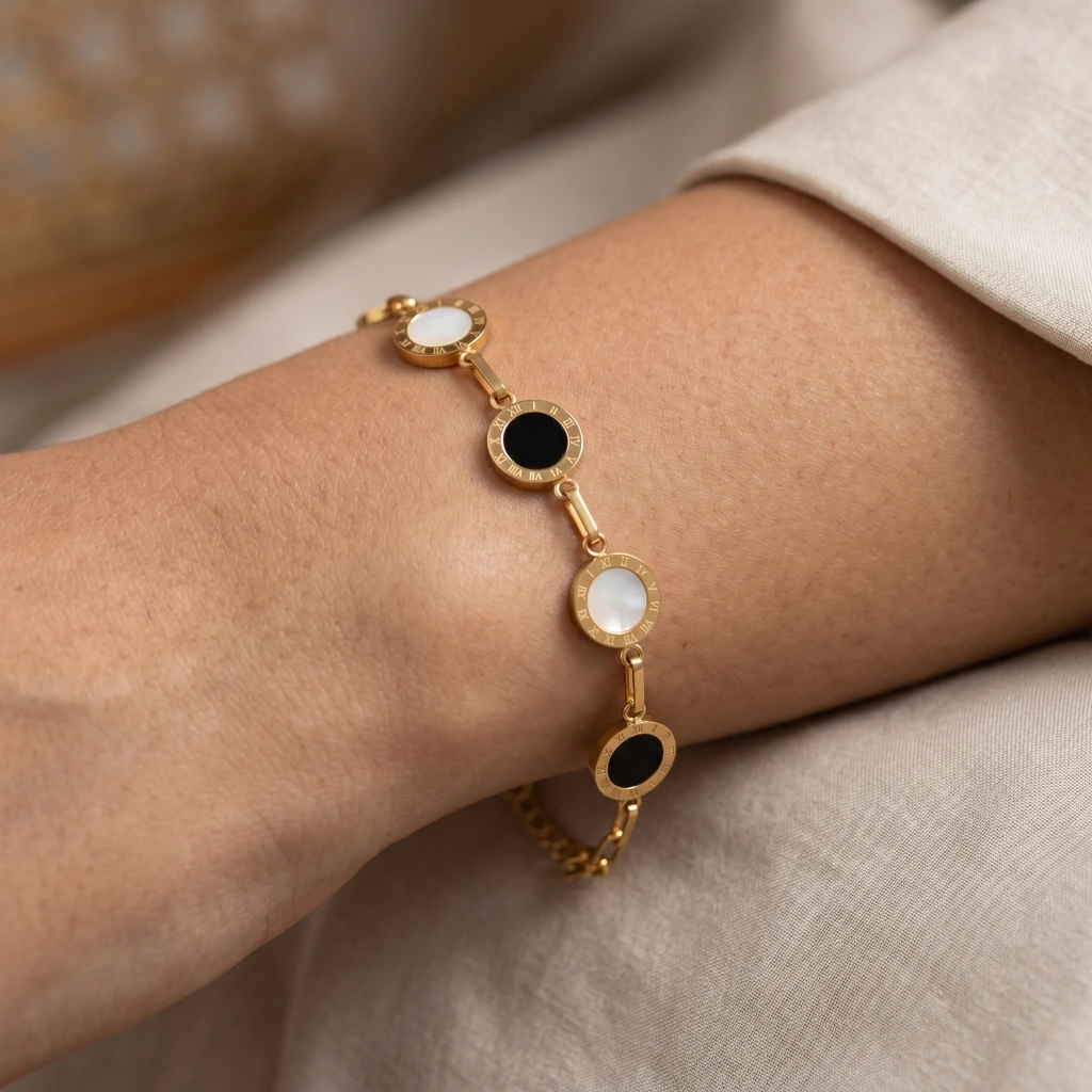 QDORA Gold Roman Numeral Black White Link Bracelet image 2