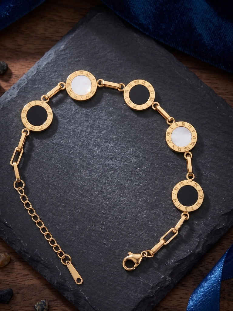 QDORA Gold Roman Numeral Black White Link Bracelet