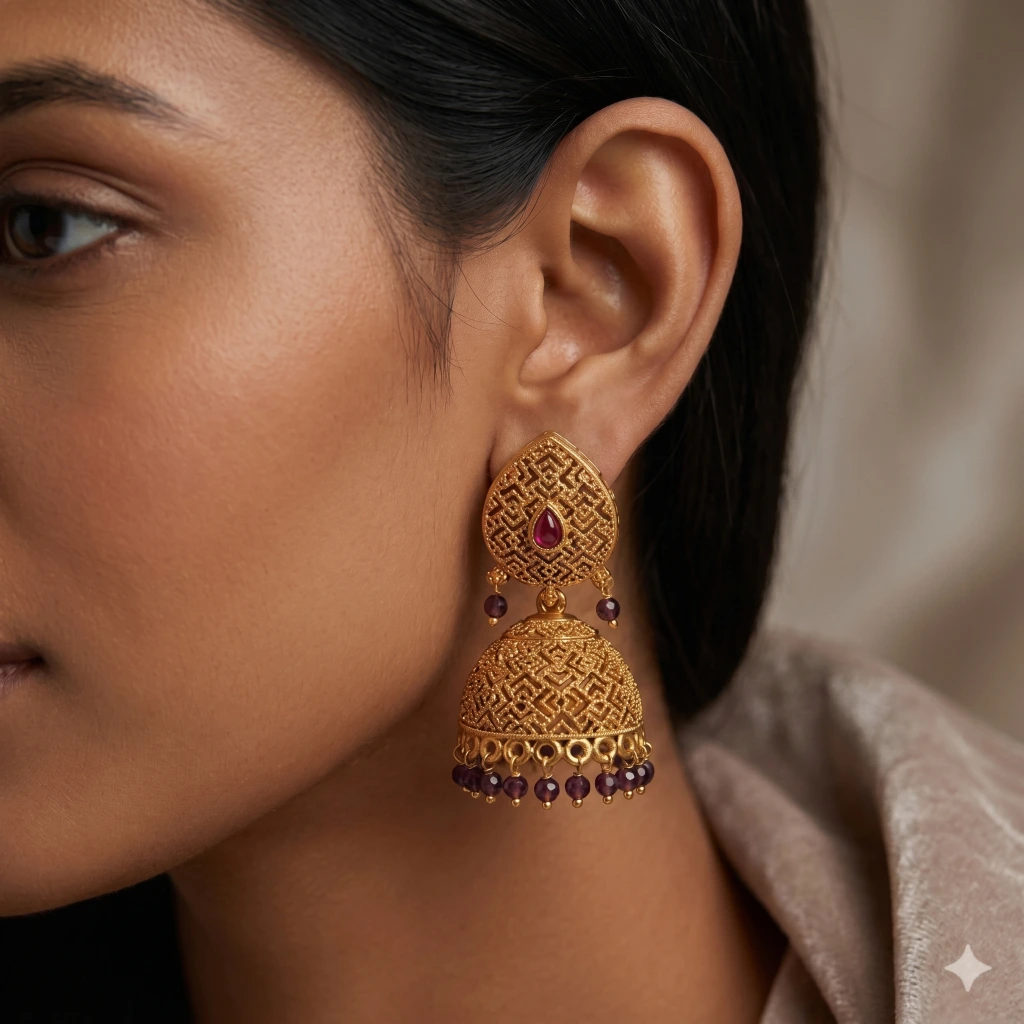 Saanvi Maroon Filigree Jhumkas image 2