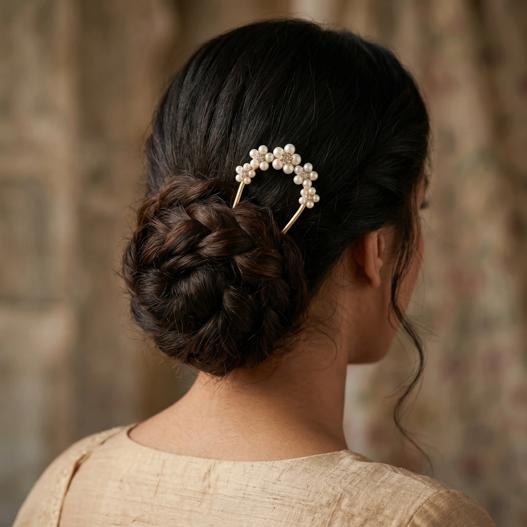 QDORA Gold Pearl Floral Bridal Juda Pin image 2