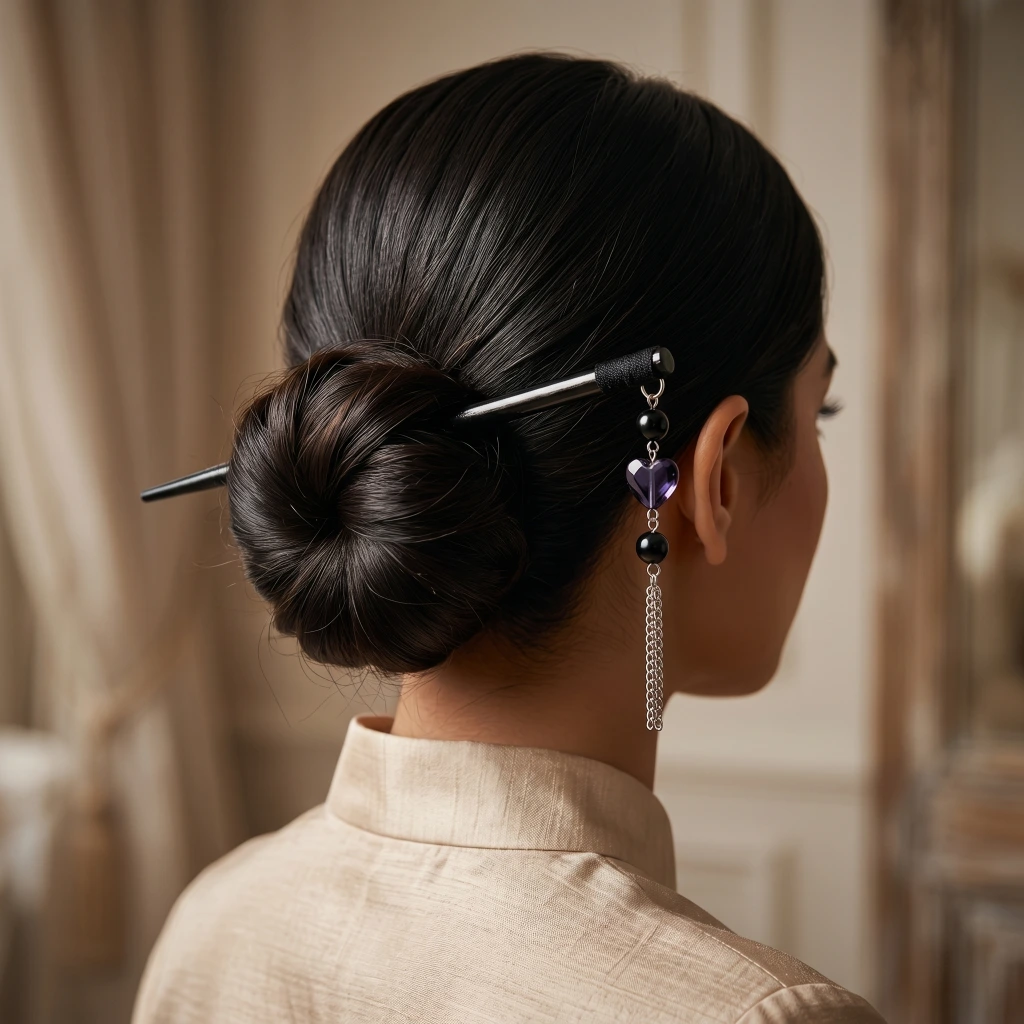 QDORA Black Heart Dangling Hair Stick Pin image 5