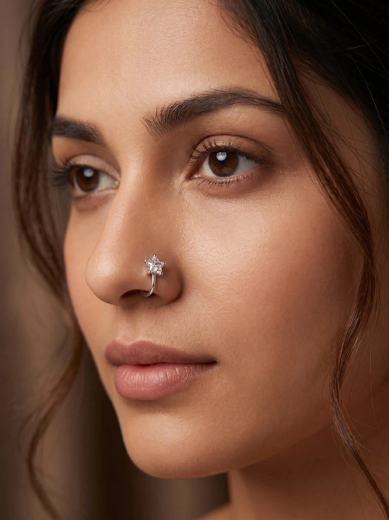 QDORA Silver Crystal Star Nose Ring Cuff