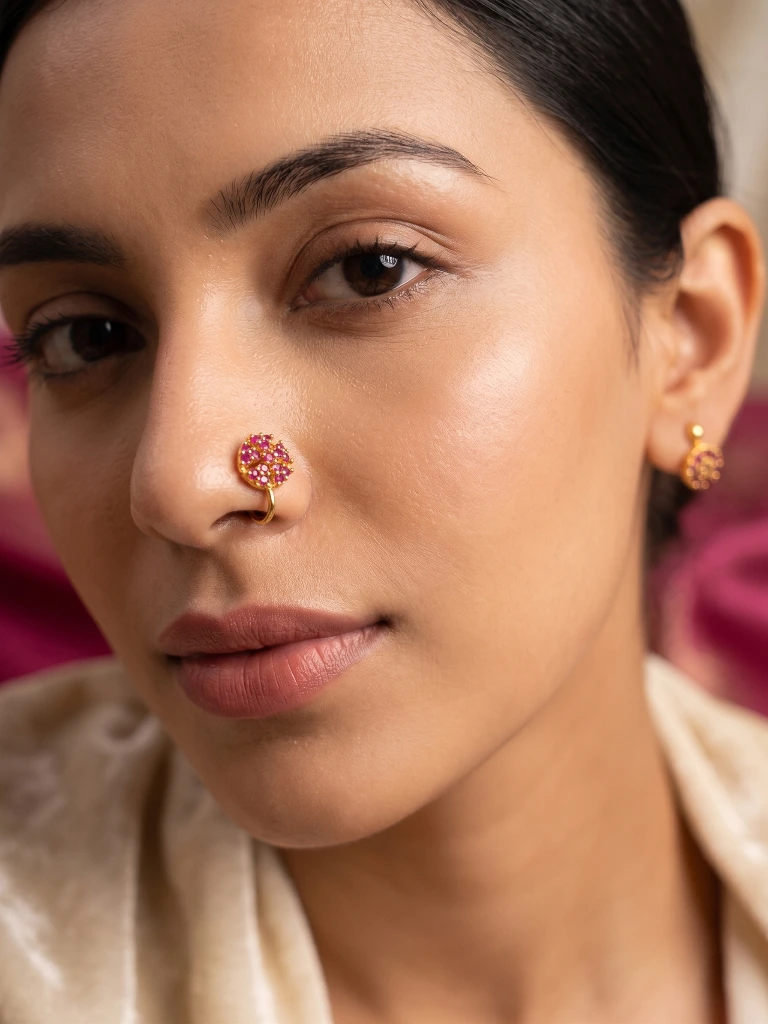 QDORA Gold Pink Stone Round Nose Ring Cuff
