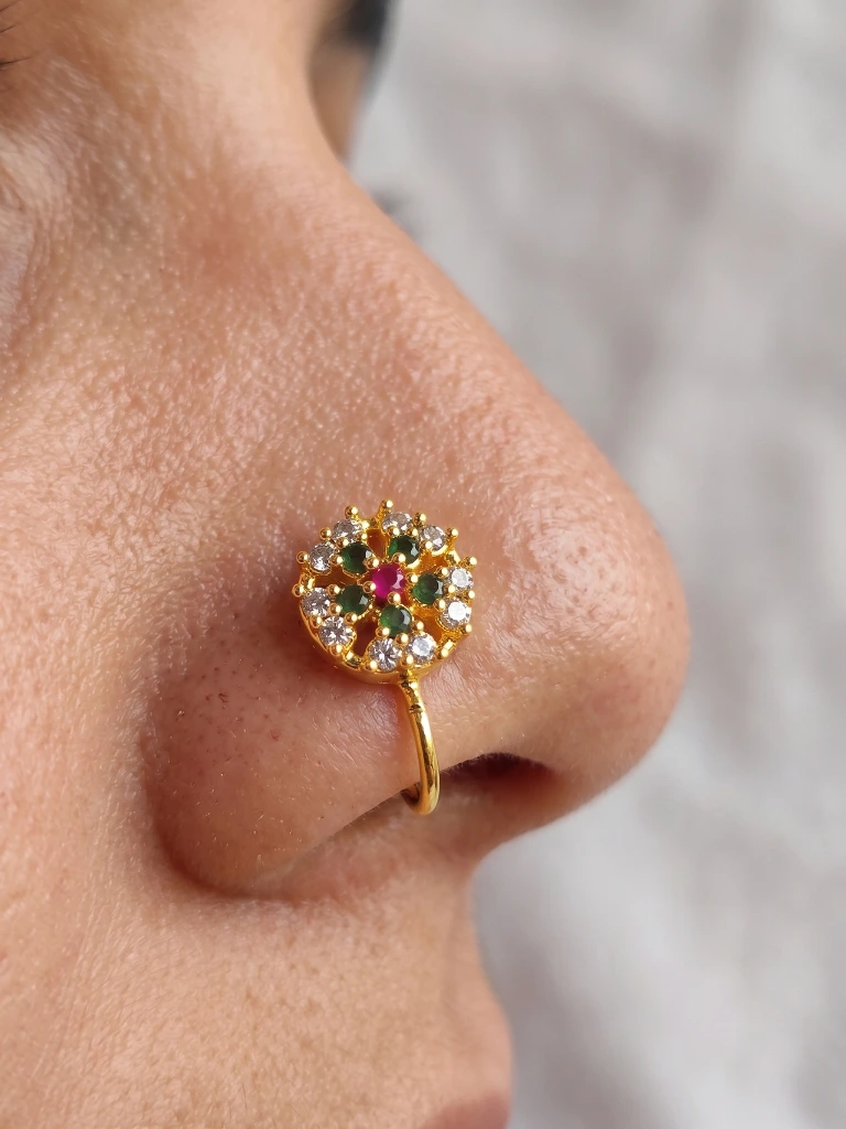QDORA Gold Pink Green Stone Nose Ring Cuff image 5