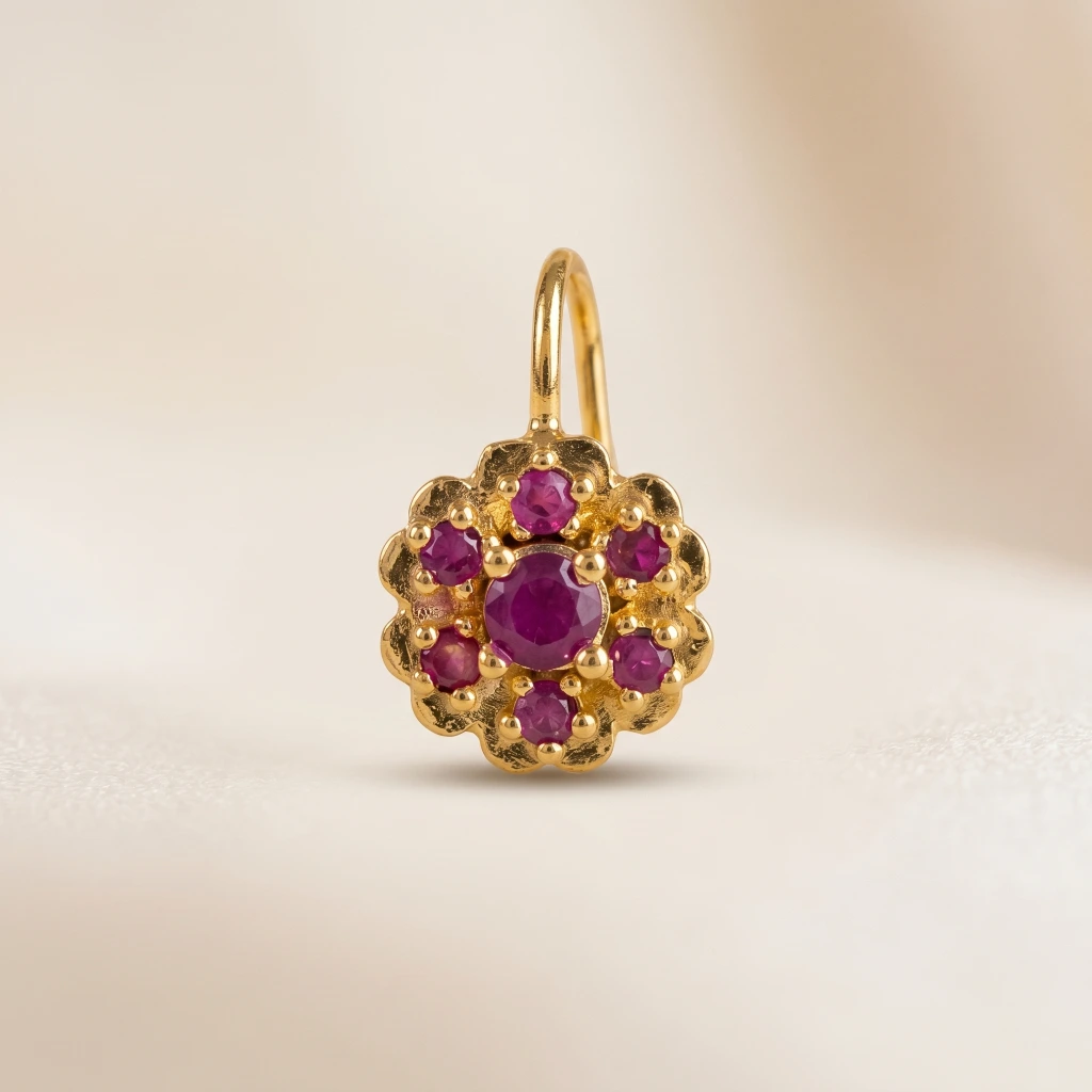 QDORA Gold Pink Stone Floral Nose Ring Cuff image 2
