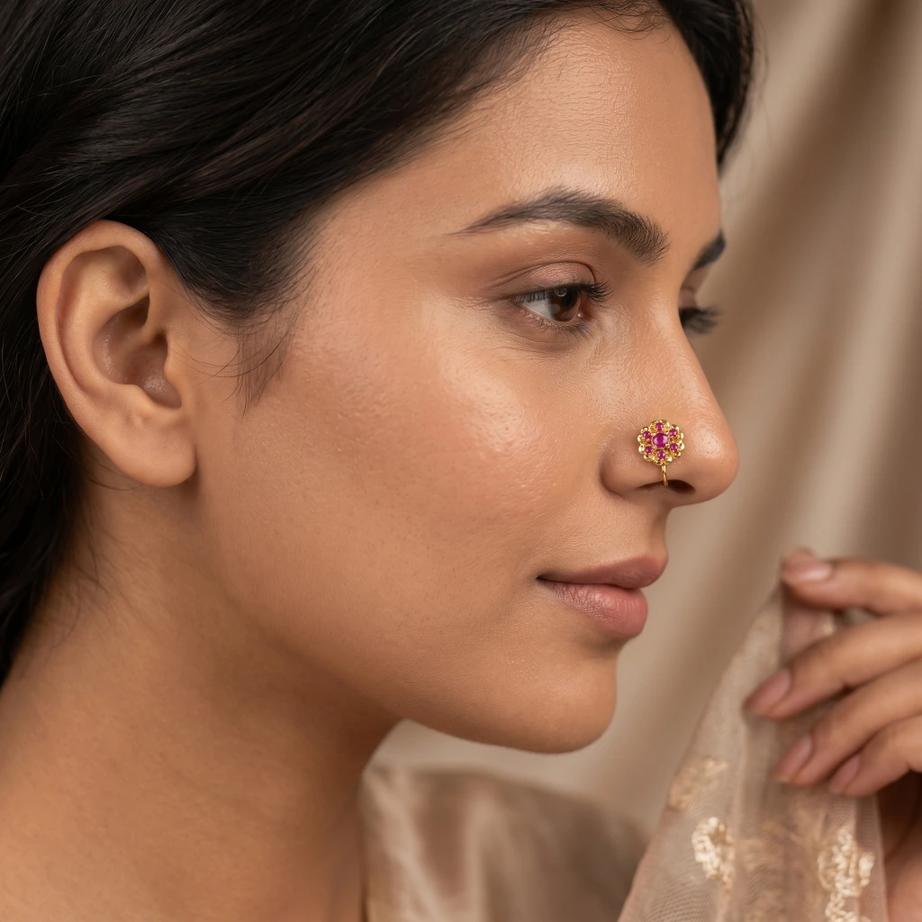 QDORA Gold Pink Stone Floral Nose Ring Cuff