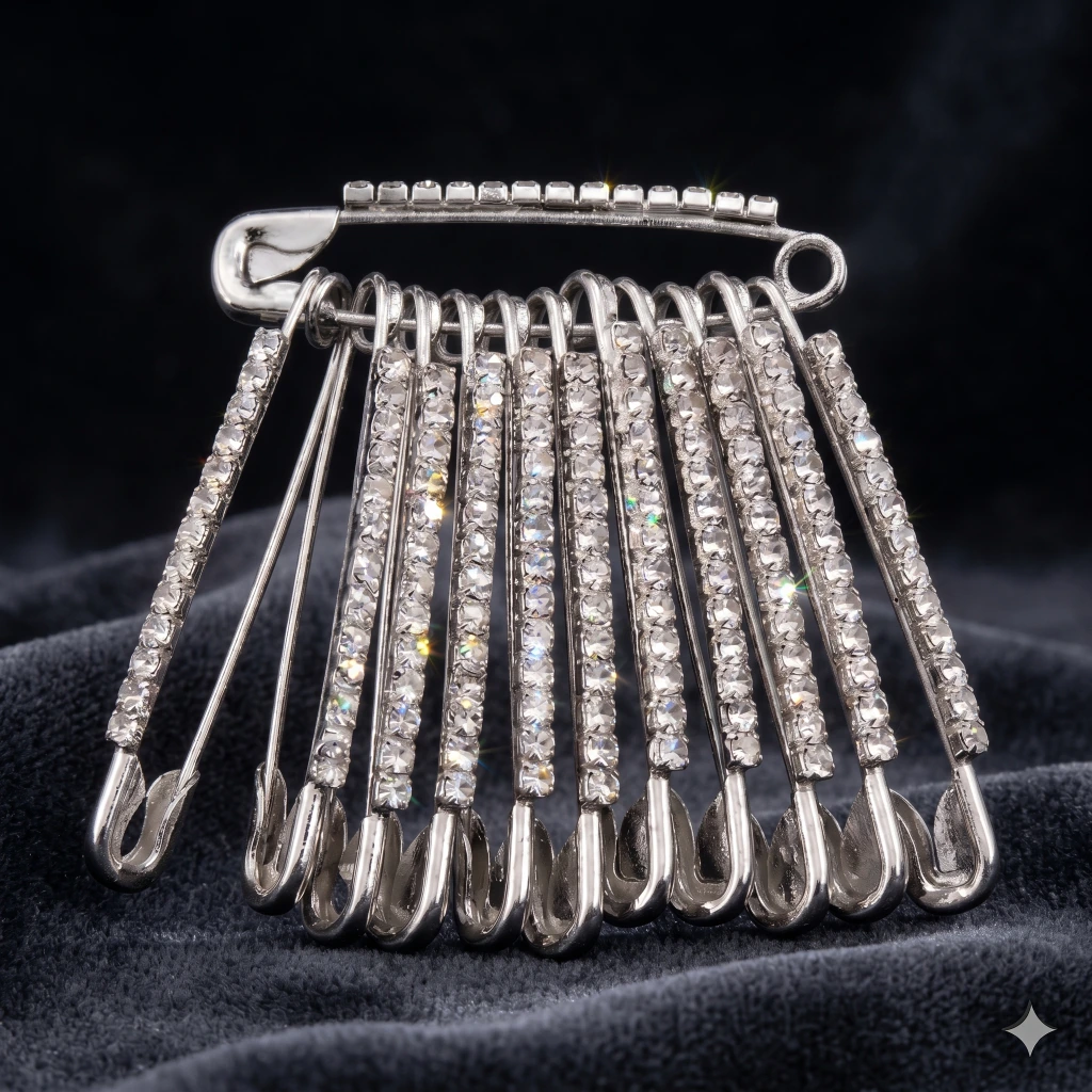 QDORA Silver Crystal Dangling Safety Saree Pin image 1