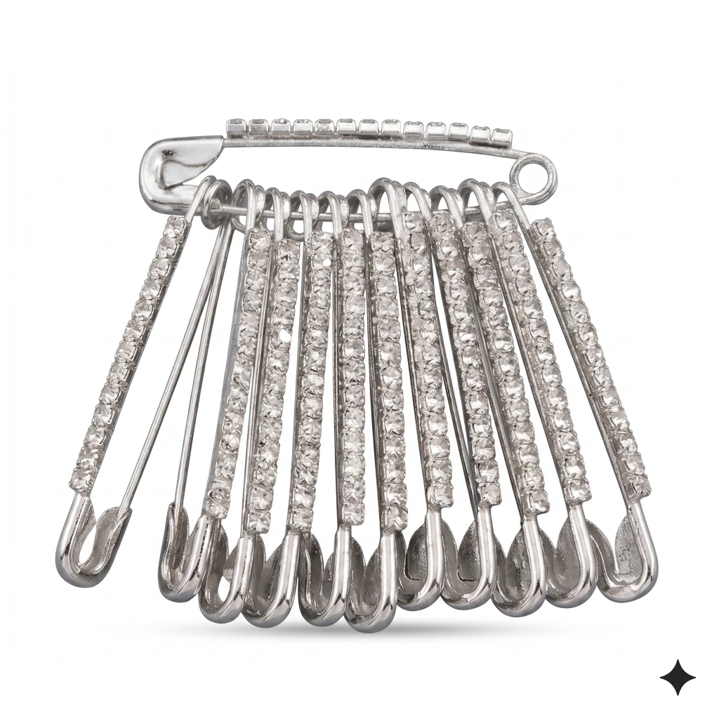 QDORA Silver Crystal Dangling Safety Saree Pin image 2