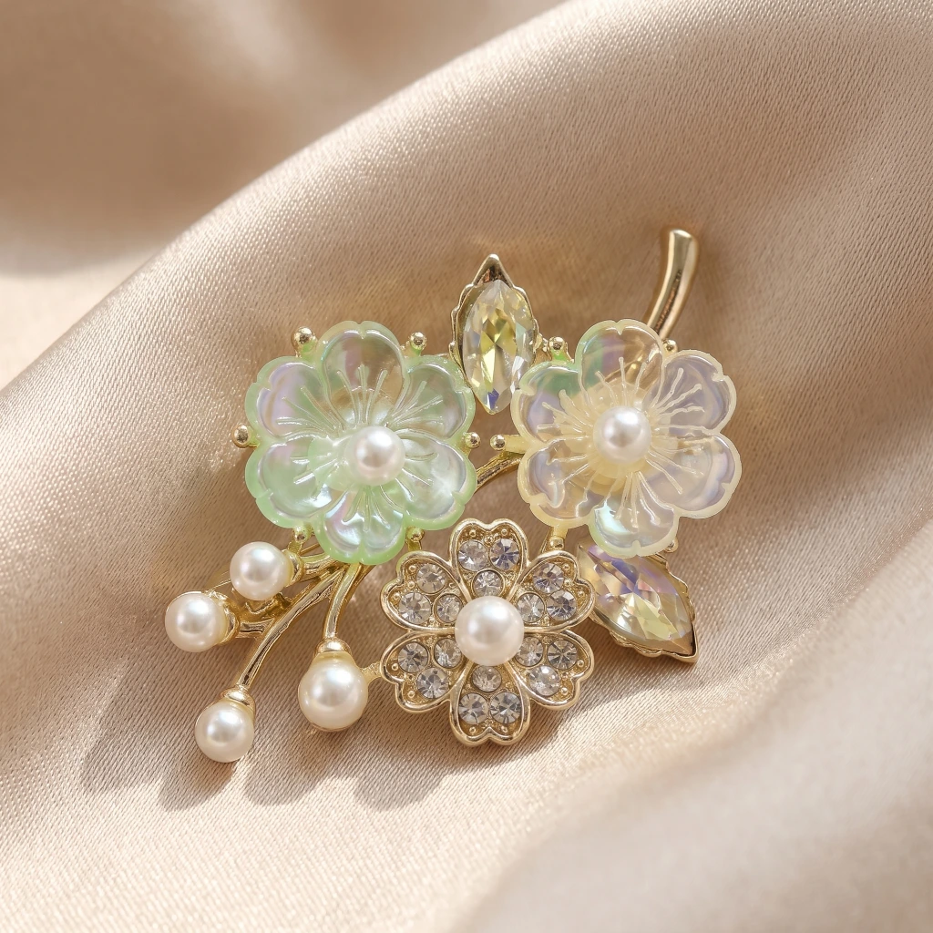 QDORA Gold Floral Pearl Crystal Saree Brooch image 1