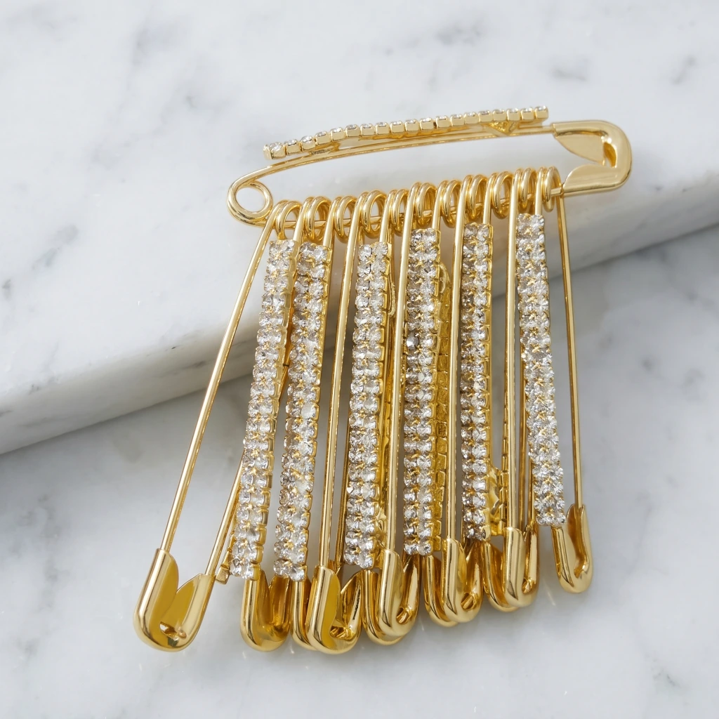 QDORA Gold Crystal Dangling Safety Saree Pin image 1