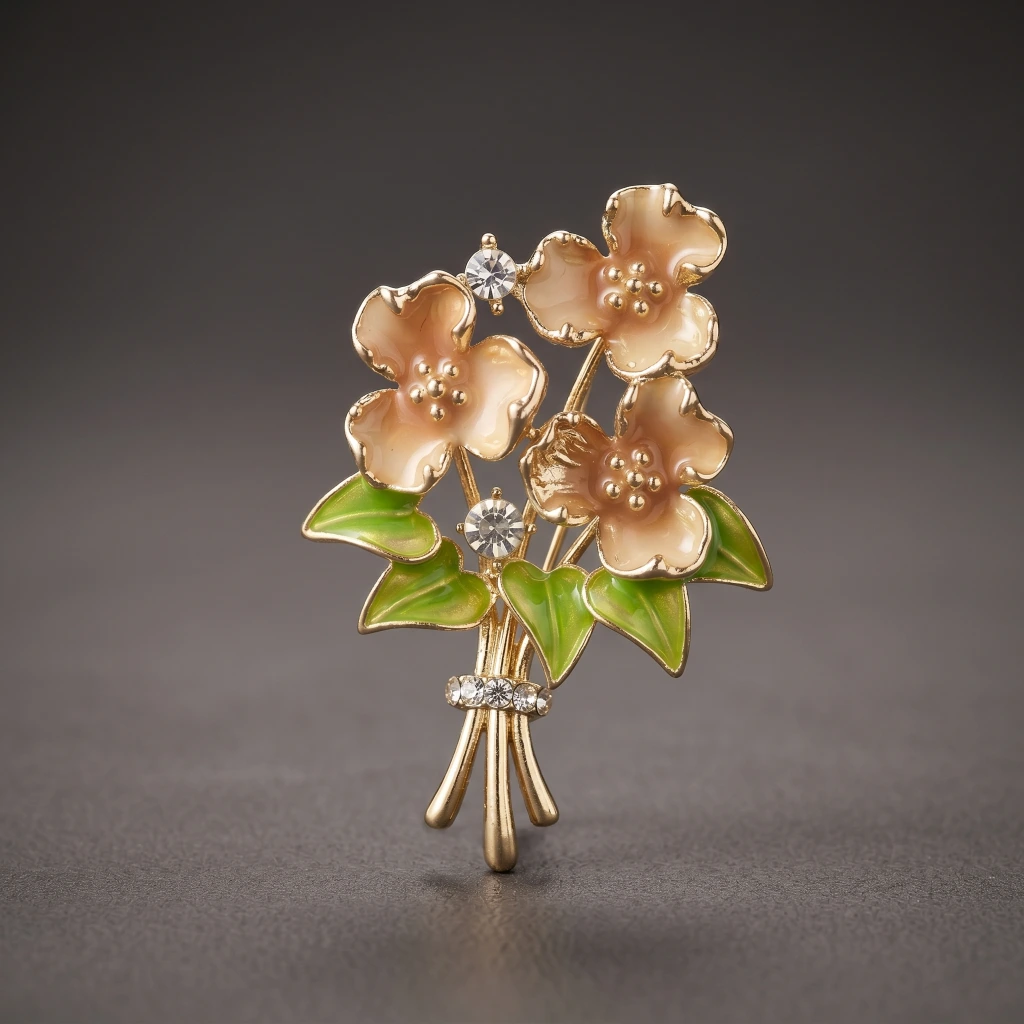 QDORA Peach Floral Enamel Crystal Saree Brooch image 1