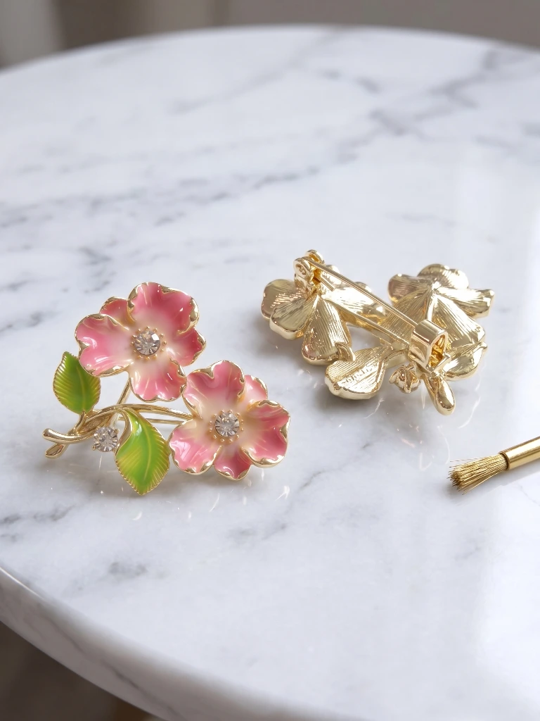 QDORA Pink Floral Enamel Crystal Saree Brooch image 2