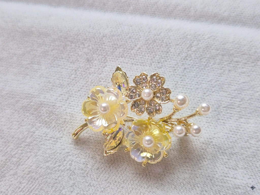 QDORA Gold Yellow Floral Pearl Crystal Saree Brooch image 3