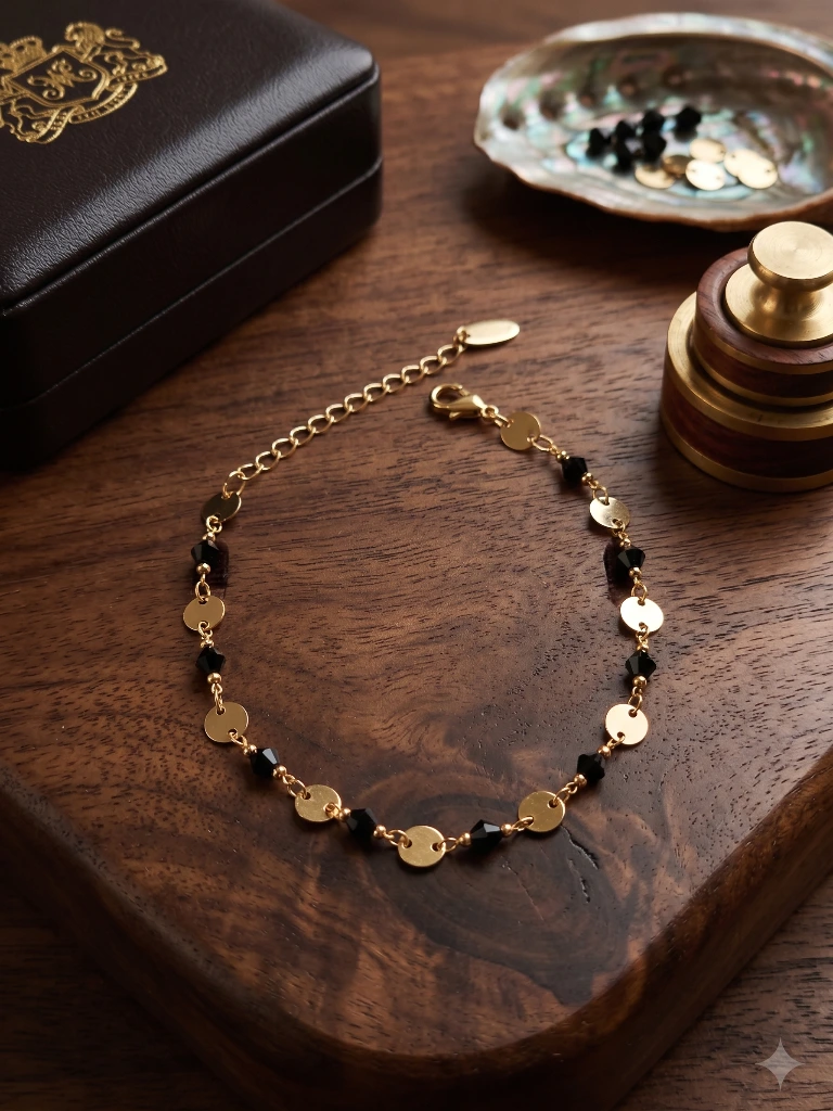 QDORA Gold Black Bead Disc Chain Anklet
