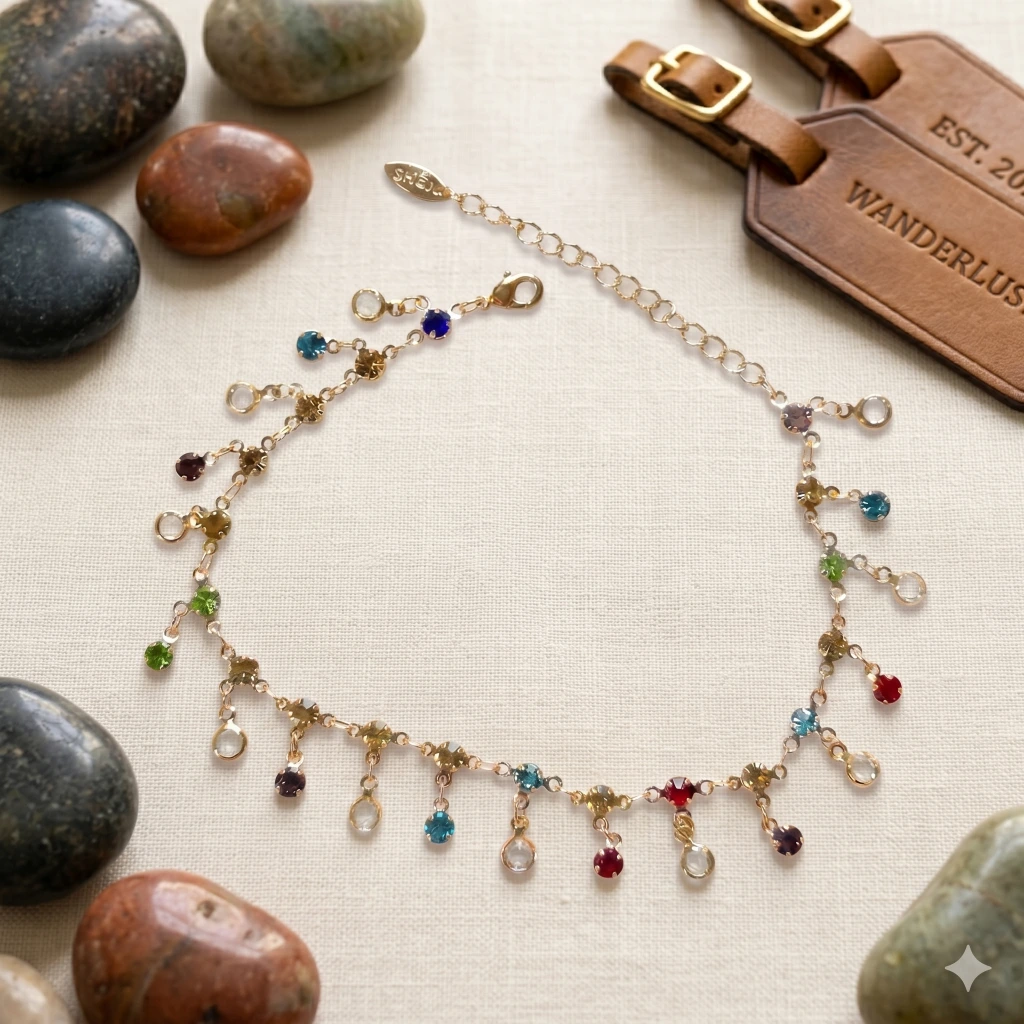QDORA Gold Multicolor Stone Charm Anklet