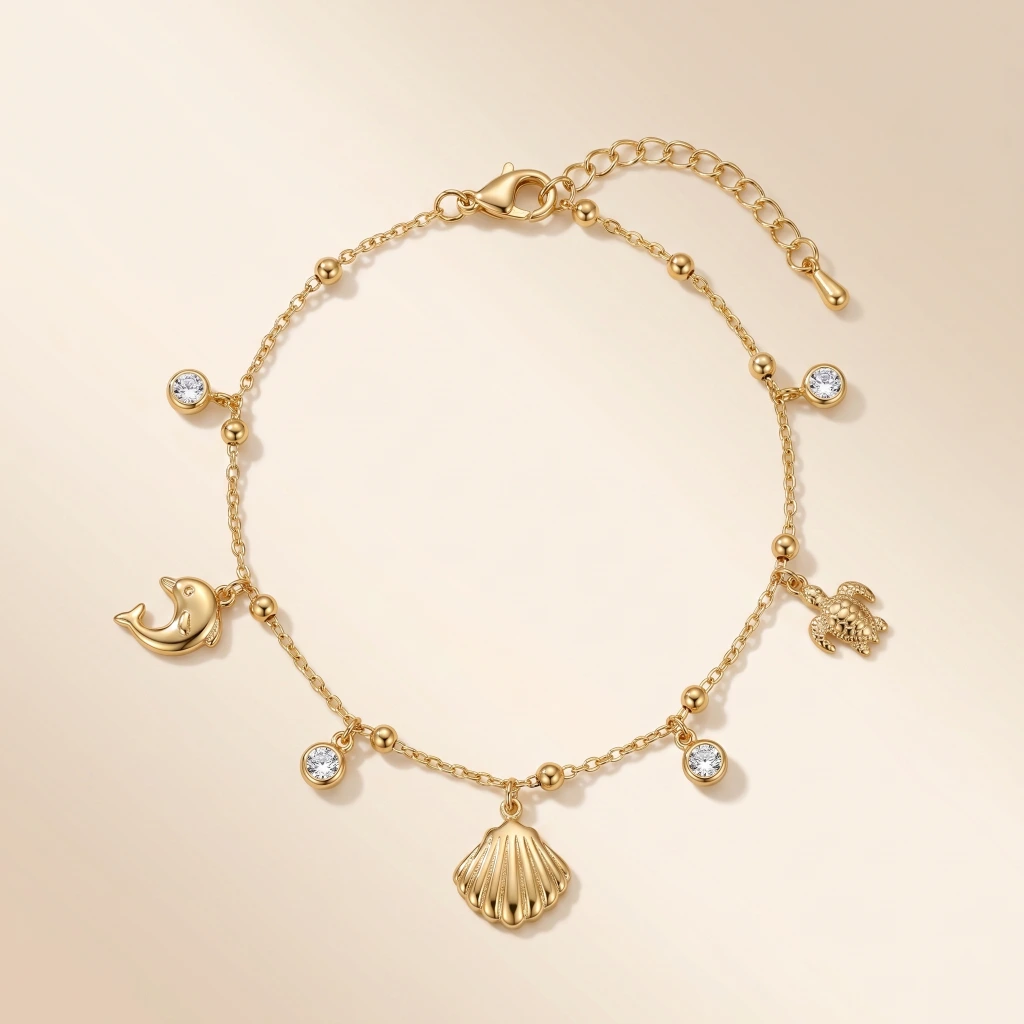 QDORA Gold Ocean Charm Anklet with Crystals