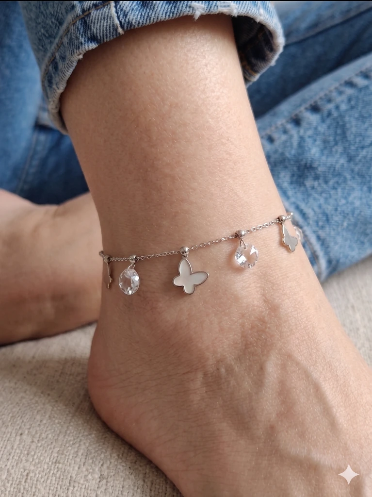QDORA Silver Butterfly Crystal Charm Chain Anklet image 3