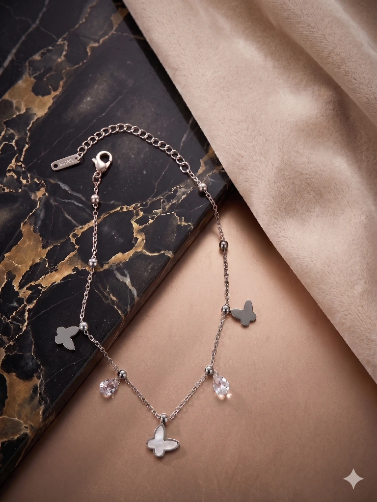 QDORA Silver Butterfly Crystal Charm Chain Anklet image 2