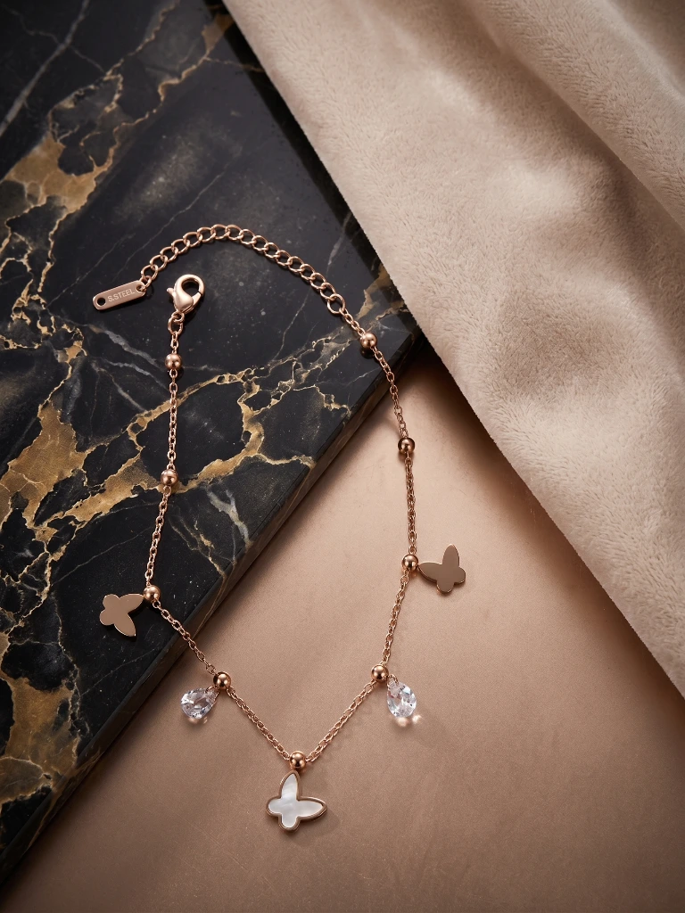 QDORA Rose Gold Butterfly Crystal Charm Anklet image 2