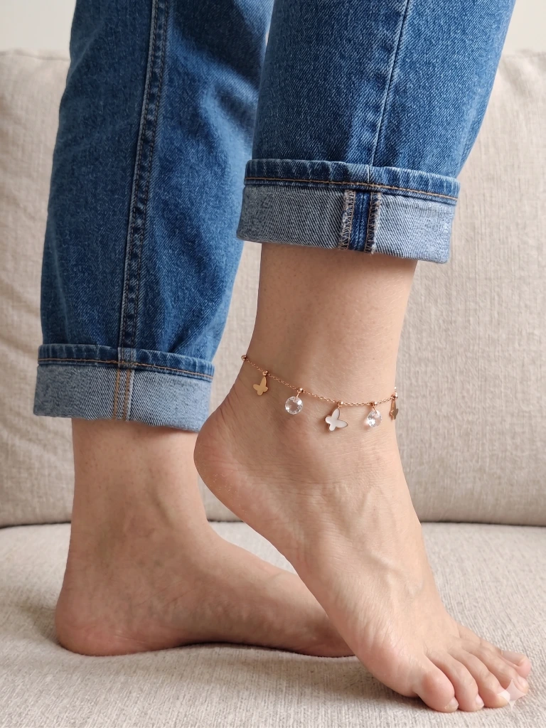 QDORA Rose Gold Butterfly Crystal Charm Anklet